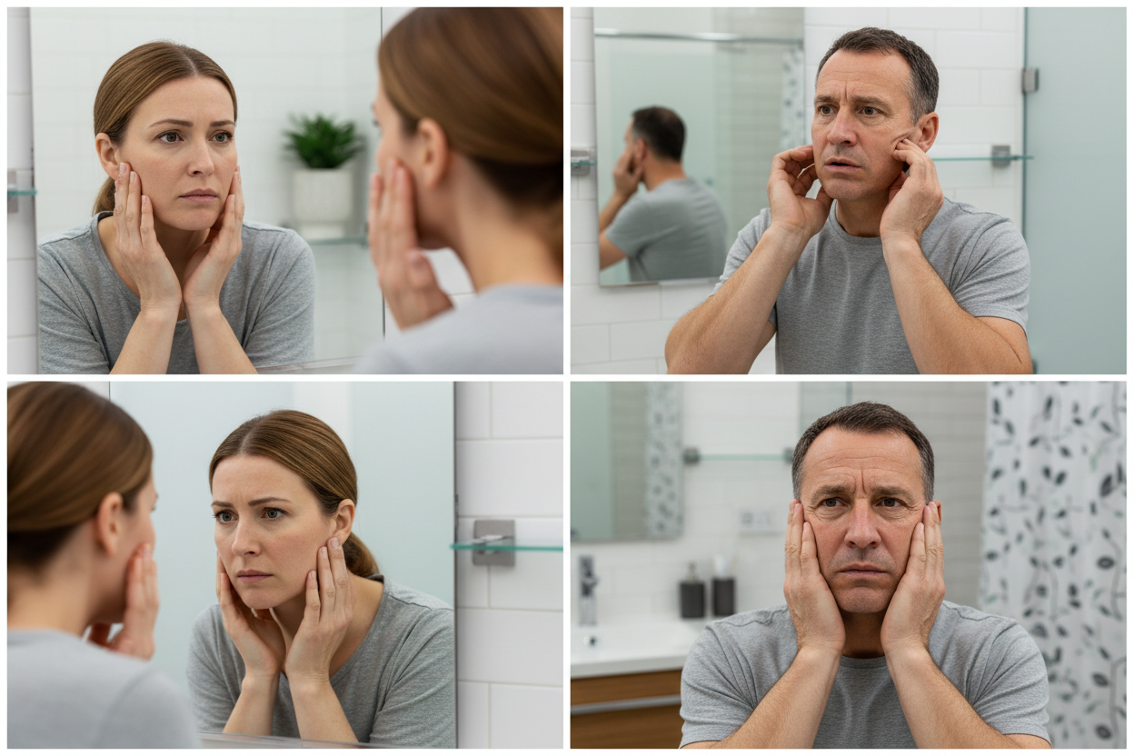 Skincare concerns collage showing woman and man examining their skin in mirrors